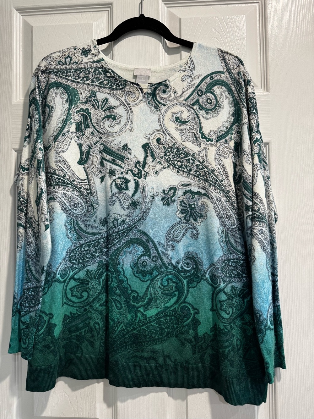 Chico's Paisley Ombre Crewneck Sweater in Teal, Green, White